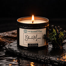 Load image into Gallery viewer, Black Moses 8 oz candle with clean consistent The Scented Vine label and natural ivory wax