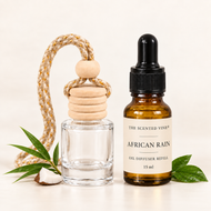African Rain Hanging Oil Diffuser Starter Set with bamboo, coconut, and green leaves