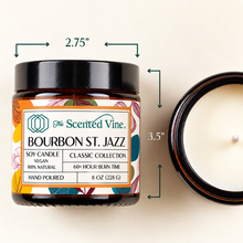 Load image into Gallery viewer, Bourbon St. Jazz dimensions view with matching label