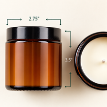 Load image into Gallery viewer, Classic 8 oz amber soy candle dimensions, 2.75 inches wide by 3.5 inches high