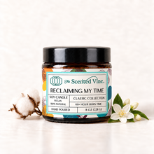 Load image into Gallery viewer, Reclaiming My Time Soy Candle with small open white cotton boll on a sprig and jasmine flower, absolutely no citrus