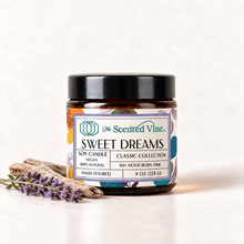 Load image into Gallery viewer, Sweet Dreams Soy Candle with lavender sprig and a small piece of pale weathered driftwood, no cedarwood