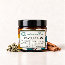 Load image into Gallery viewer, Travelin Man Soy Candle with a small piece of oakmoss lichen and sandalwood, no leafy herb