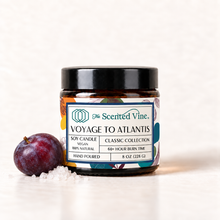 Load image into Gallery viewer, Voyage to Atlantis Soy Candle with one dusky plum and a little coarse sea salt